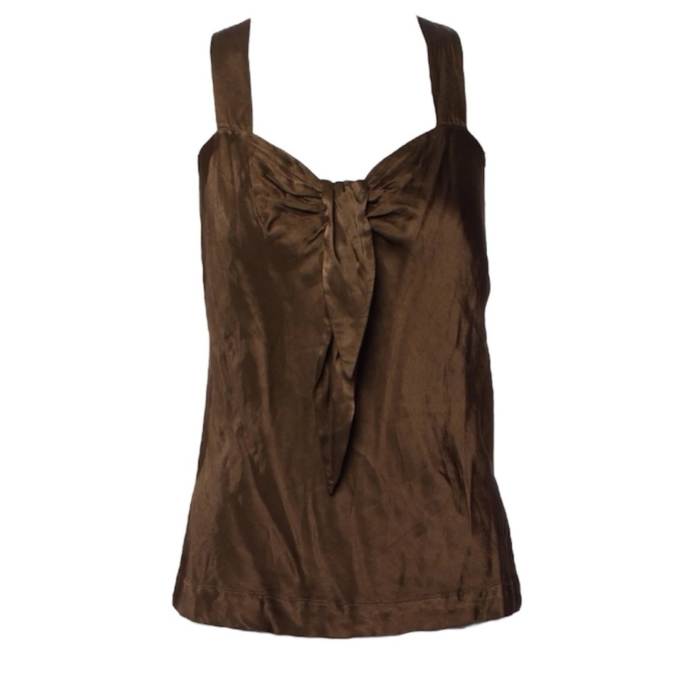 NWT Raquel Allegra Satin Tow Front Blouse Top Chocolate Brown Metallic Designer